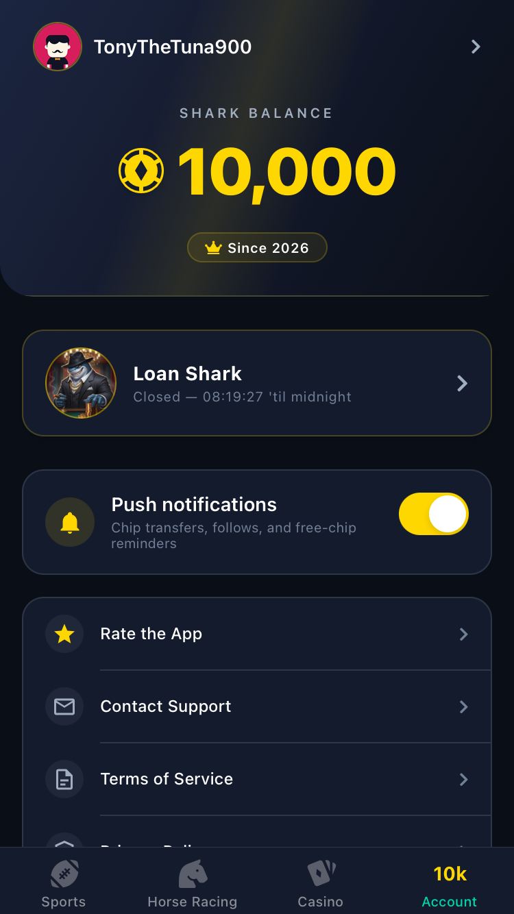 Shark Casino account screen showing chip balance