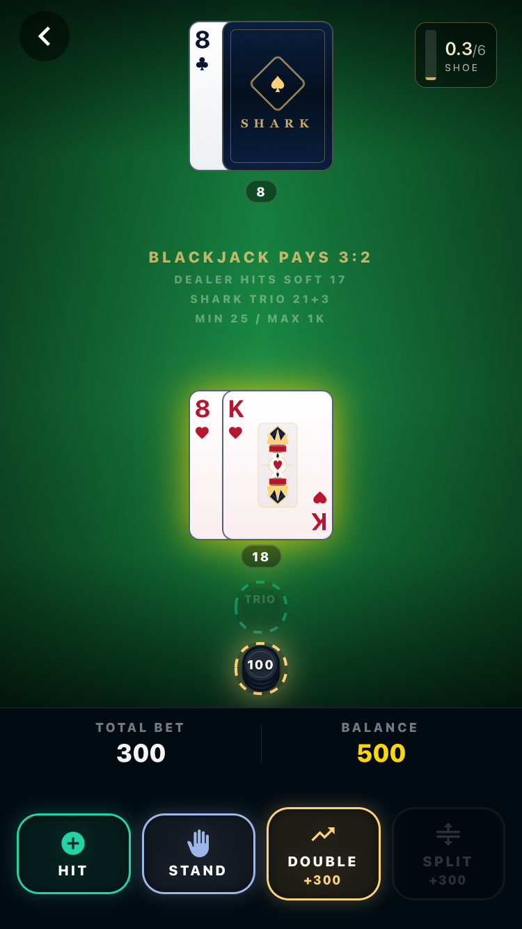 Live blackjack table with an 8♥ K♠ — 18 — facing the dealer