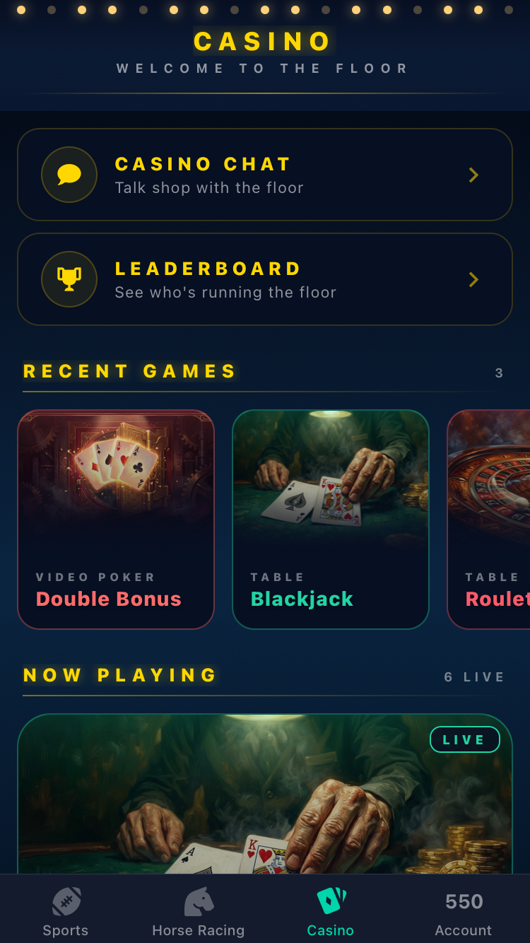 Casino lobby with chat, leaderboard, and live tables