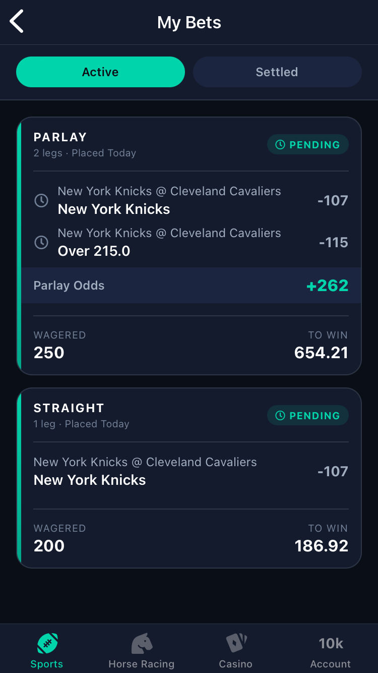 My Bets screen showing a pending parlay and a straight bet on the Knicks