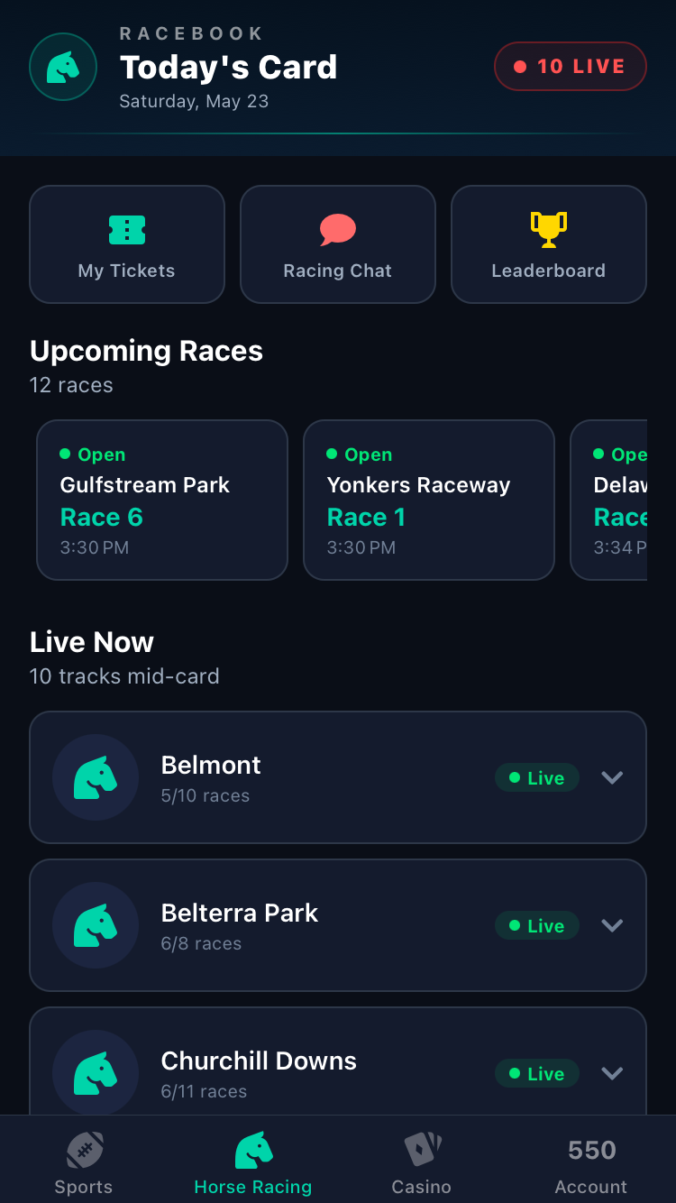 Today's racebook card with upcoming and live tracks