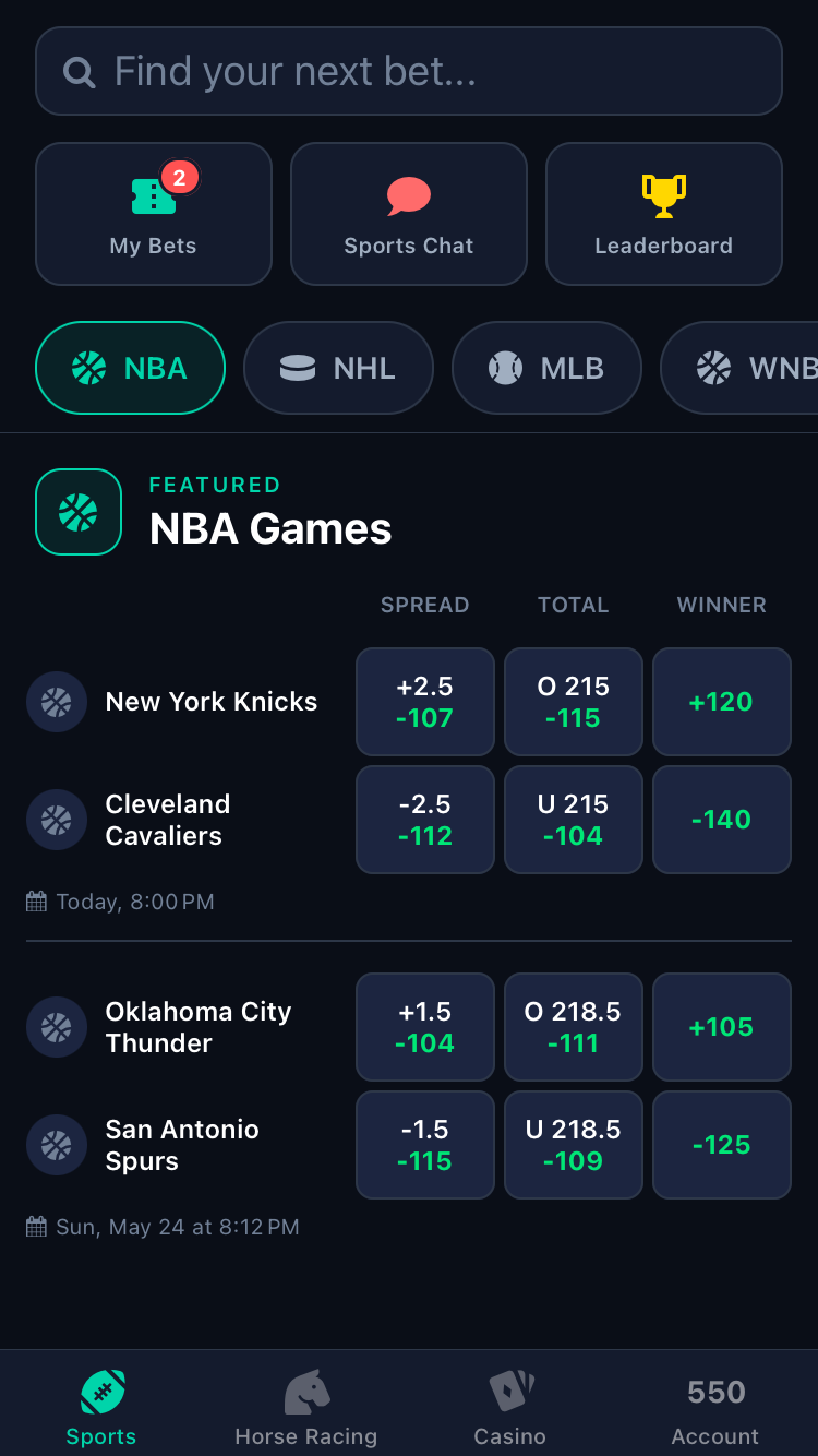 NBA games list with spreads, totals and winners